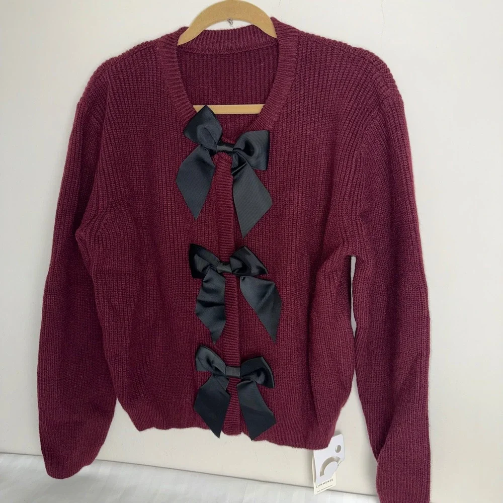 Commense Burgundy Ribbed Cardigan Black Bows Button‎ Front Womens Size M